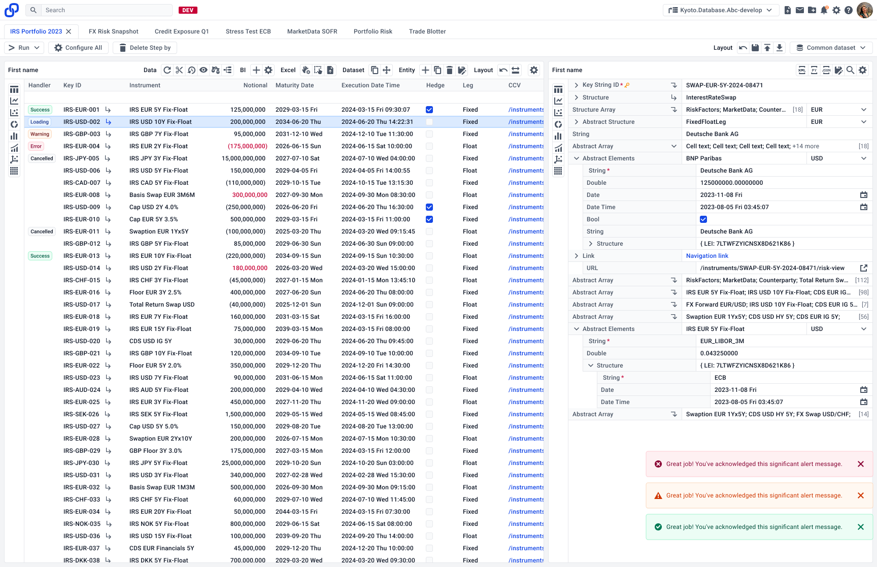 Structured field editor beside a data grid, with stacked success, warning, and error toast alerts
