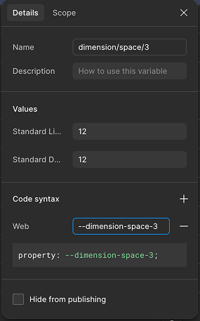 Figma variable detail panel showing the dimension/space/3 token's web code syntax, --dimension-space-3