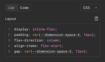 Figma Dev Mode CSS output referencing var(--dimension-space-4) and var(--dimension-space-3)