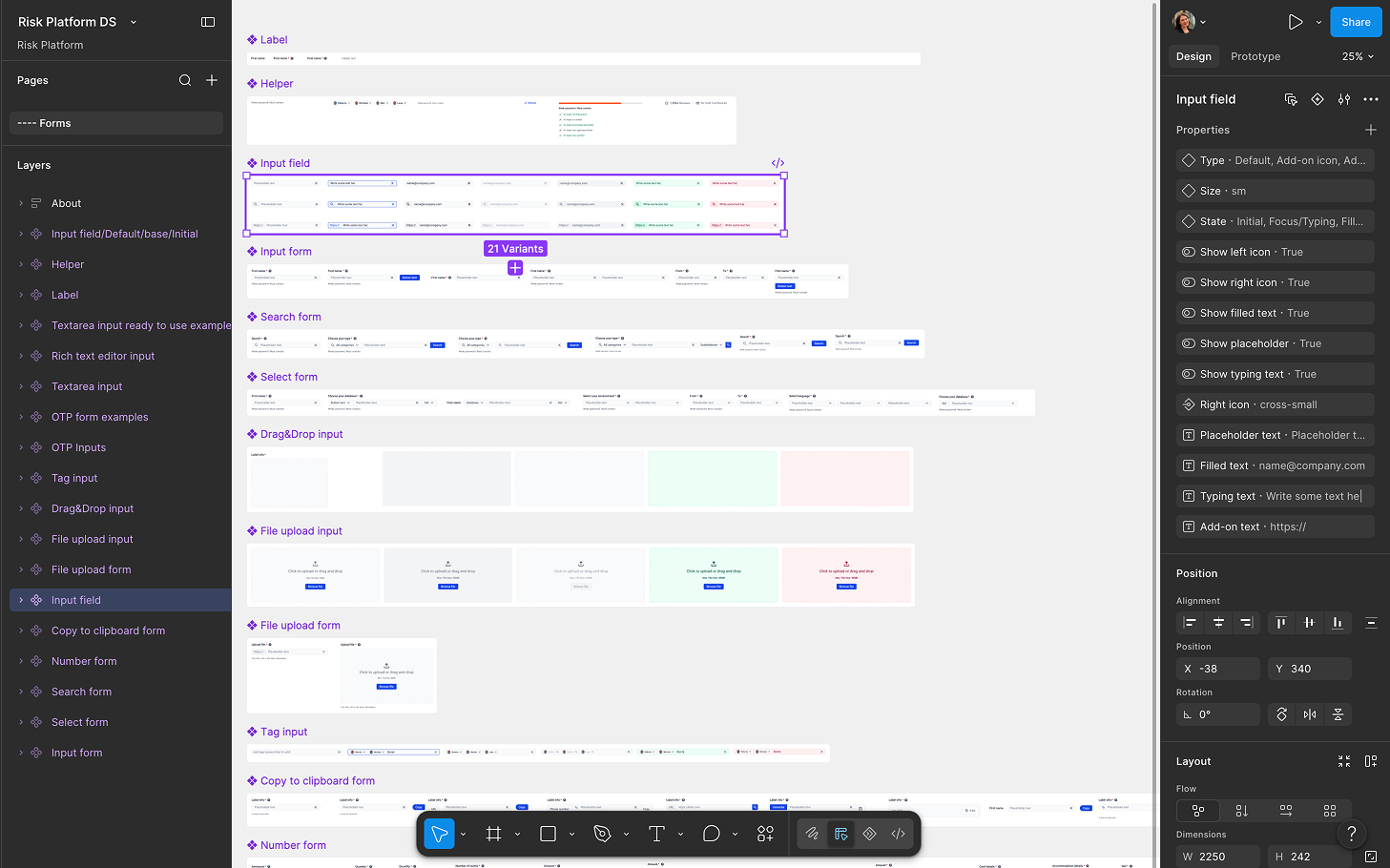 Figma canvas showing the Forms component page — label, helper, input field, a 21-variant input form, search form, select form, drag-and-drop and file upload inputs, tag input, and OTP inputs