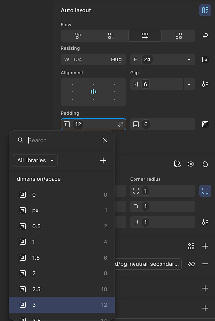 Figma Auto Layout panel with the padding field bound to the dimension/space/3 library variable