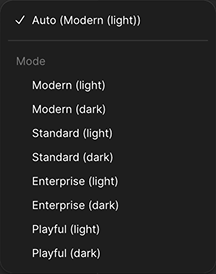 Figma mode switcher listing Modern, Standard, Enterprise, and Playful, each in light and dark