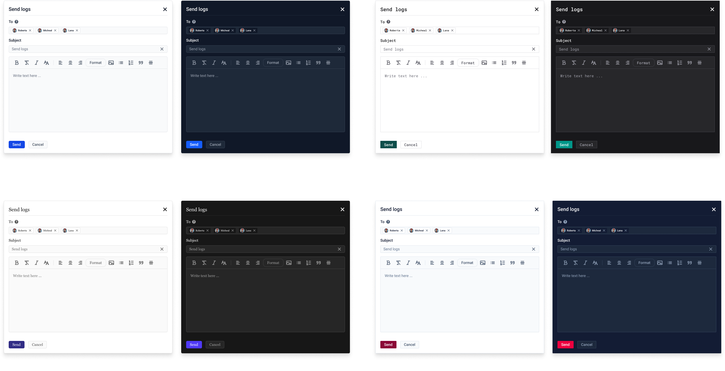 The same Send Logs modal rendered across eight themes — Modern, Enterprise, Standard, and Playful, each in Light and Dark mode
